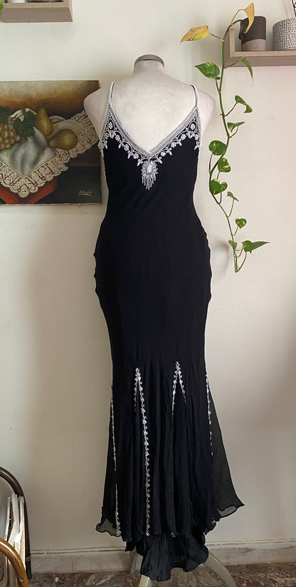 100% silk black maxi gown with  handbeaded details