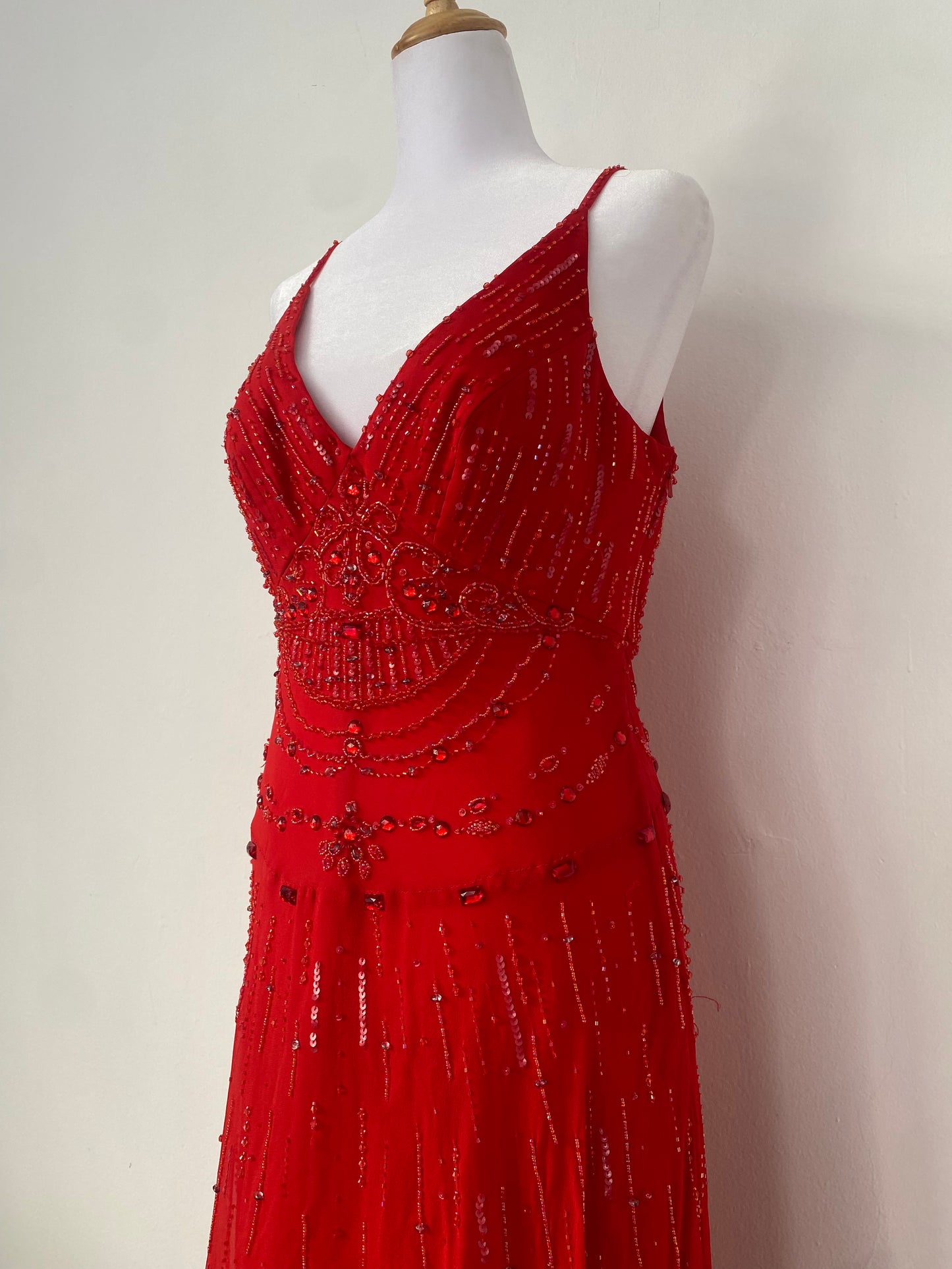 100% silk brand new red gown with all over handbeaded details
