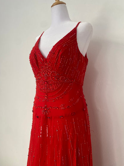 100% silk brand new red gown with all over handbeaded details