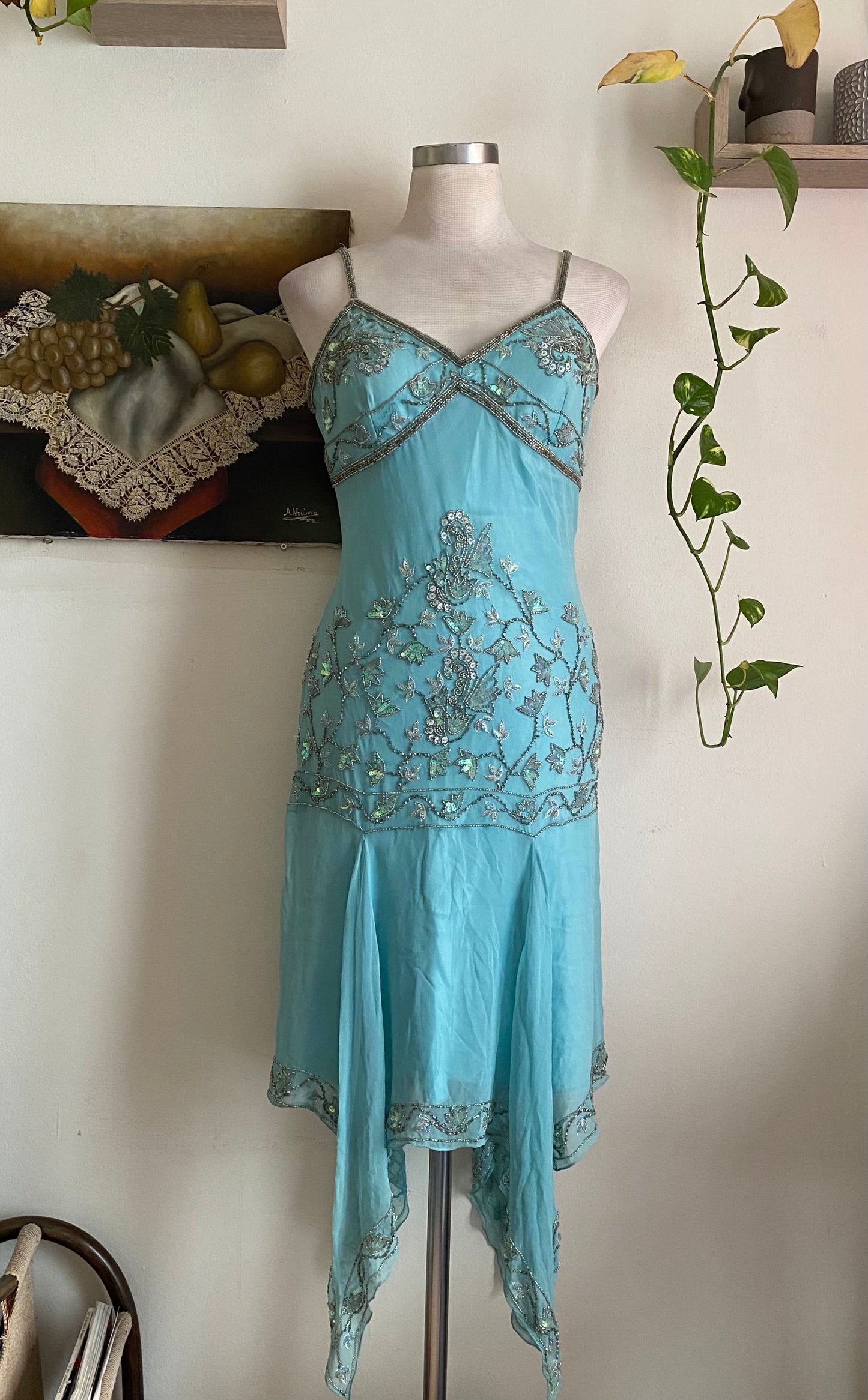100% silk fairy baby blue gown with handbeaded details all over