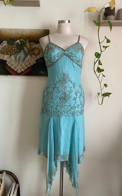 100% silk fairy baby blue gown with handbeaded details all over
