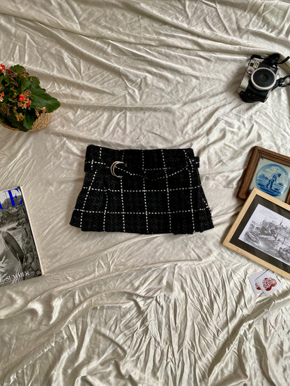 Micro mini pleated tweed skirt with belt detail