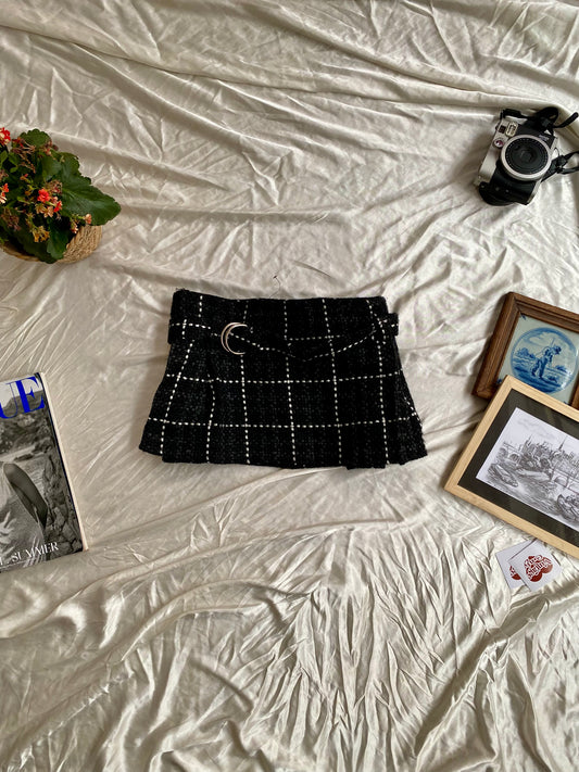 Micro mini pleated tweed skirt with belt detail