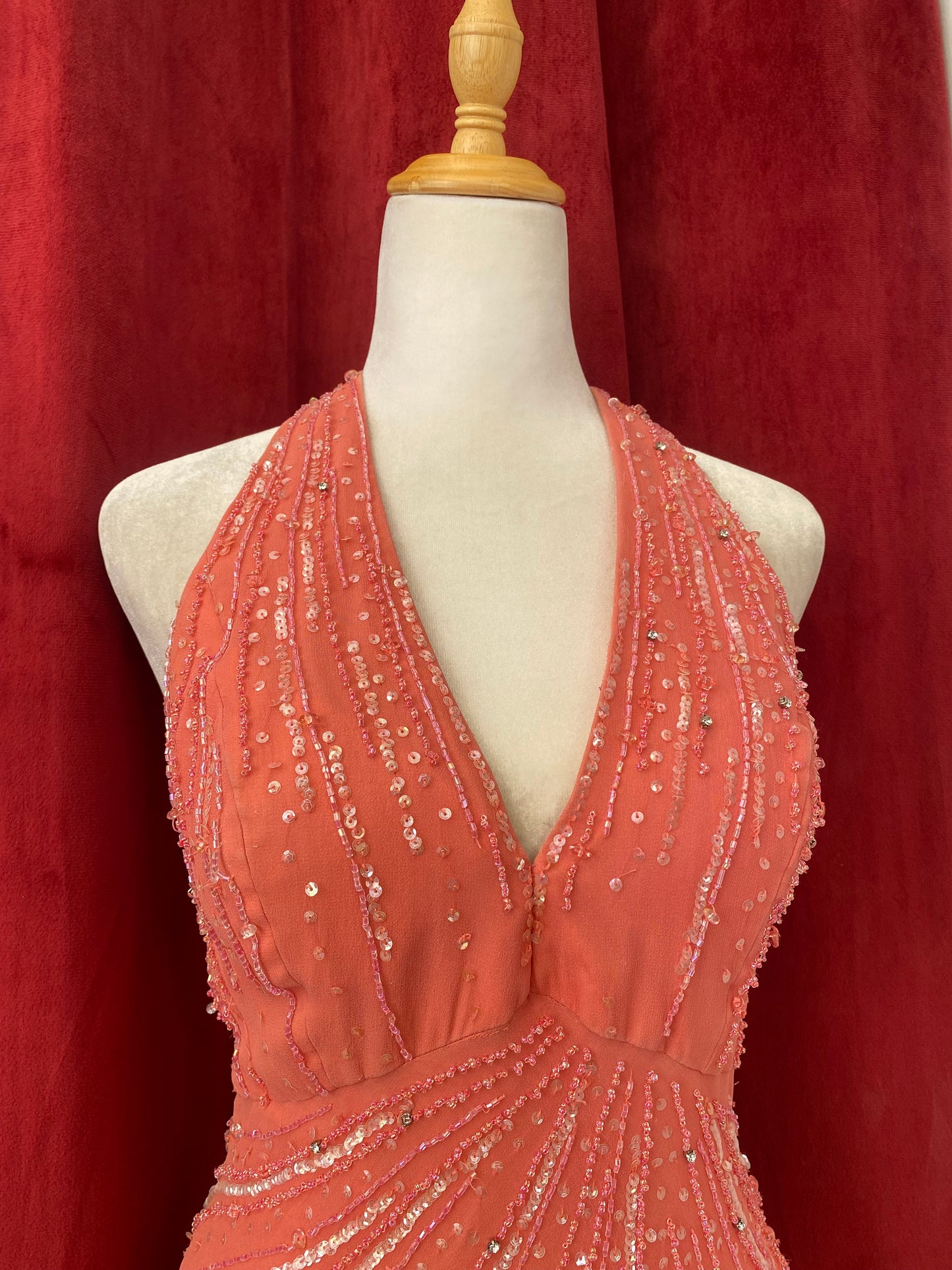 100% silk coral handbeaded dress