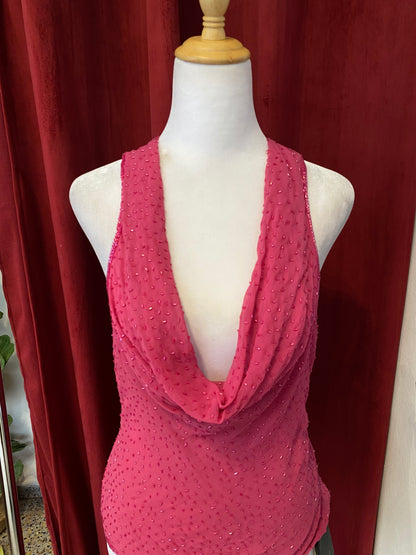 100% silk brand new pink open back handbeaded top 🌸