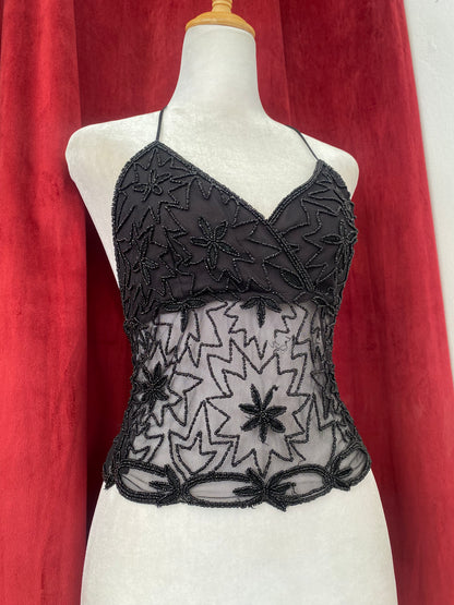 Black handbeaded open back top