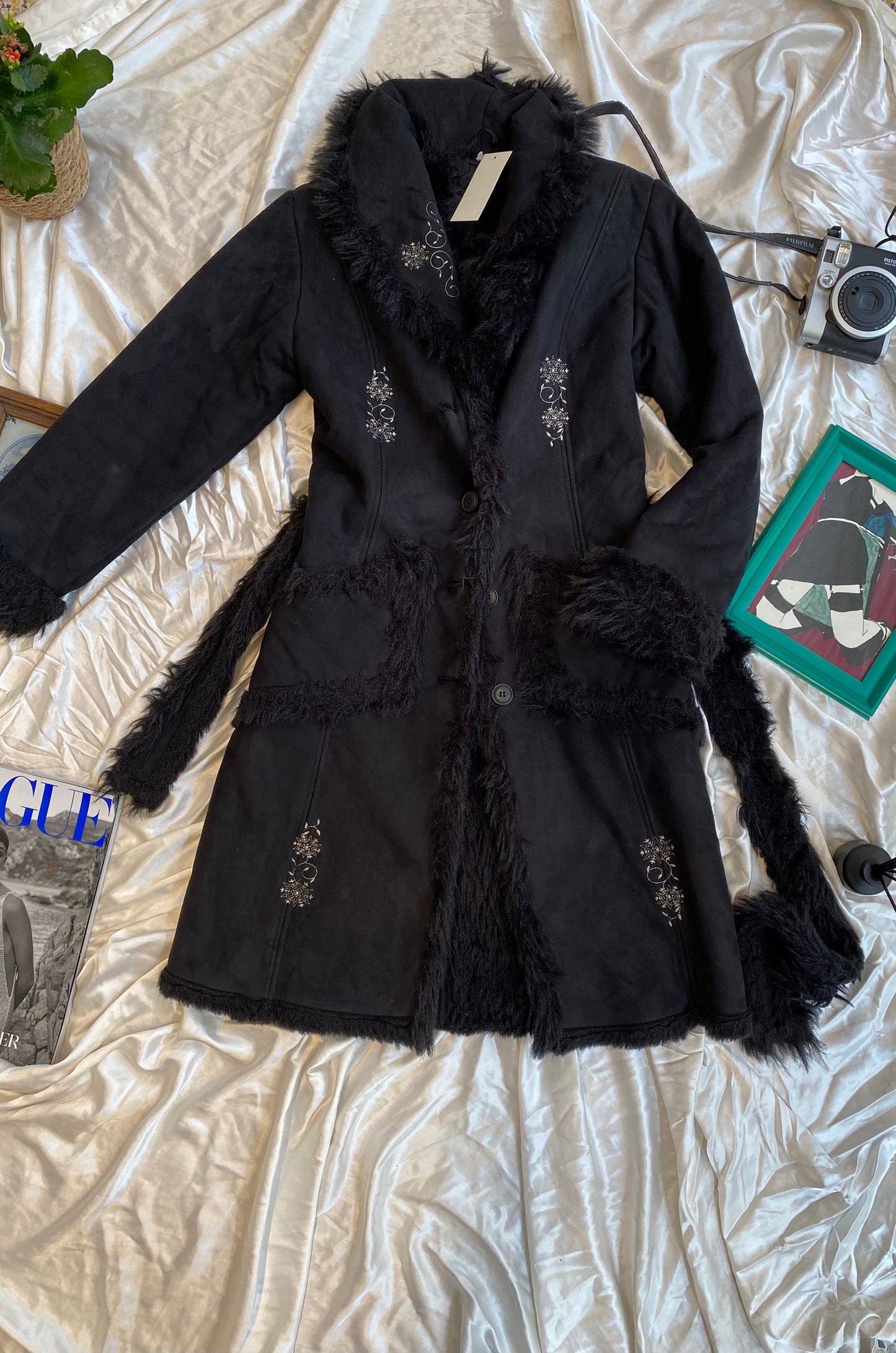 Black long embroidered Afghan coat with vegan fur