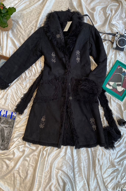 Black long embroidered Afghan coat with vegan fur