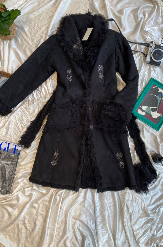 Black long embroidered Afghan coat with vegan fur