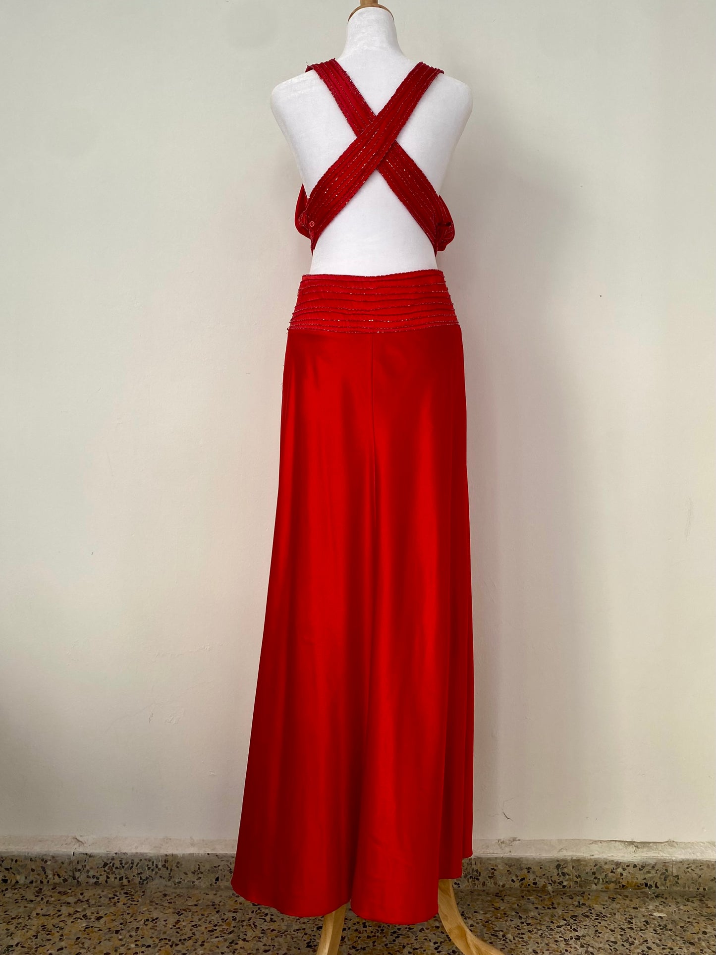 Brand new red satin gown with open back and sequin details