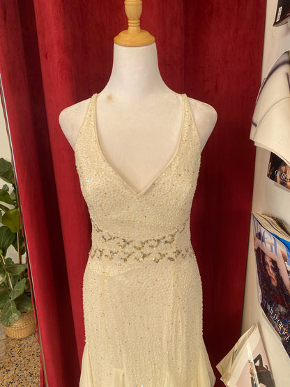 100% silk floor length gown with all over handbeaded details