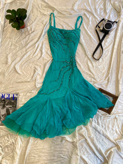 100% silk handbeaded gown with ruffles details