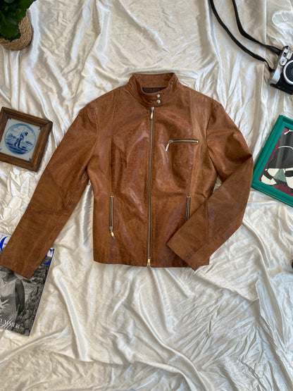 Real leather fitted biker brown leather