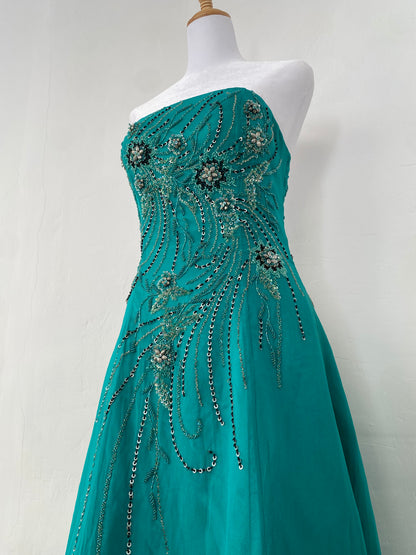 100% silk brand new maxi strapless gown with all over handbeaded details