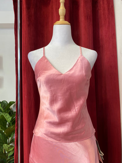 Brand new pink satin set with ruffled details