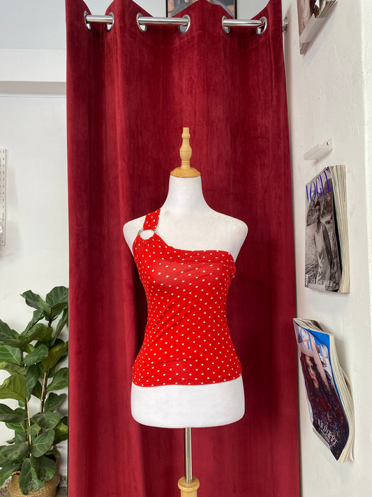 One shoulder red polka dot top