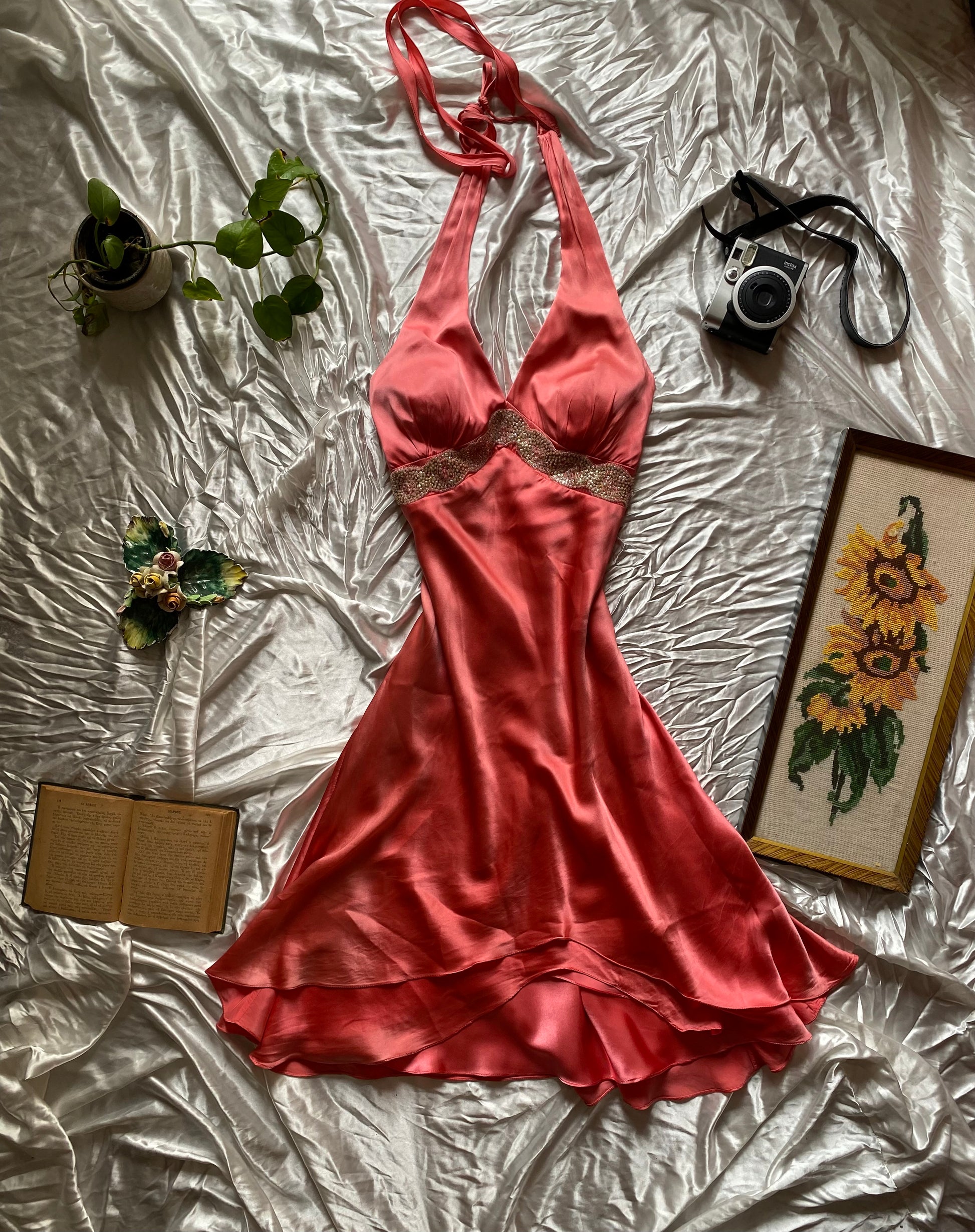 silk coral dress Neon Coral Midi Slip Dress