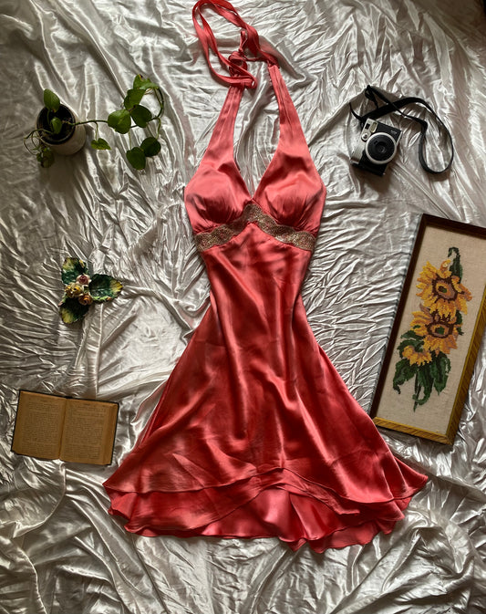 100% silk halter coral dress
