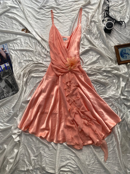 Brand new light orange satin ruffled dress