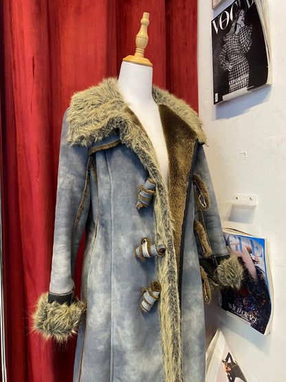 Long blue Afghan coat with vegan fur