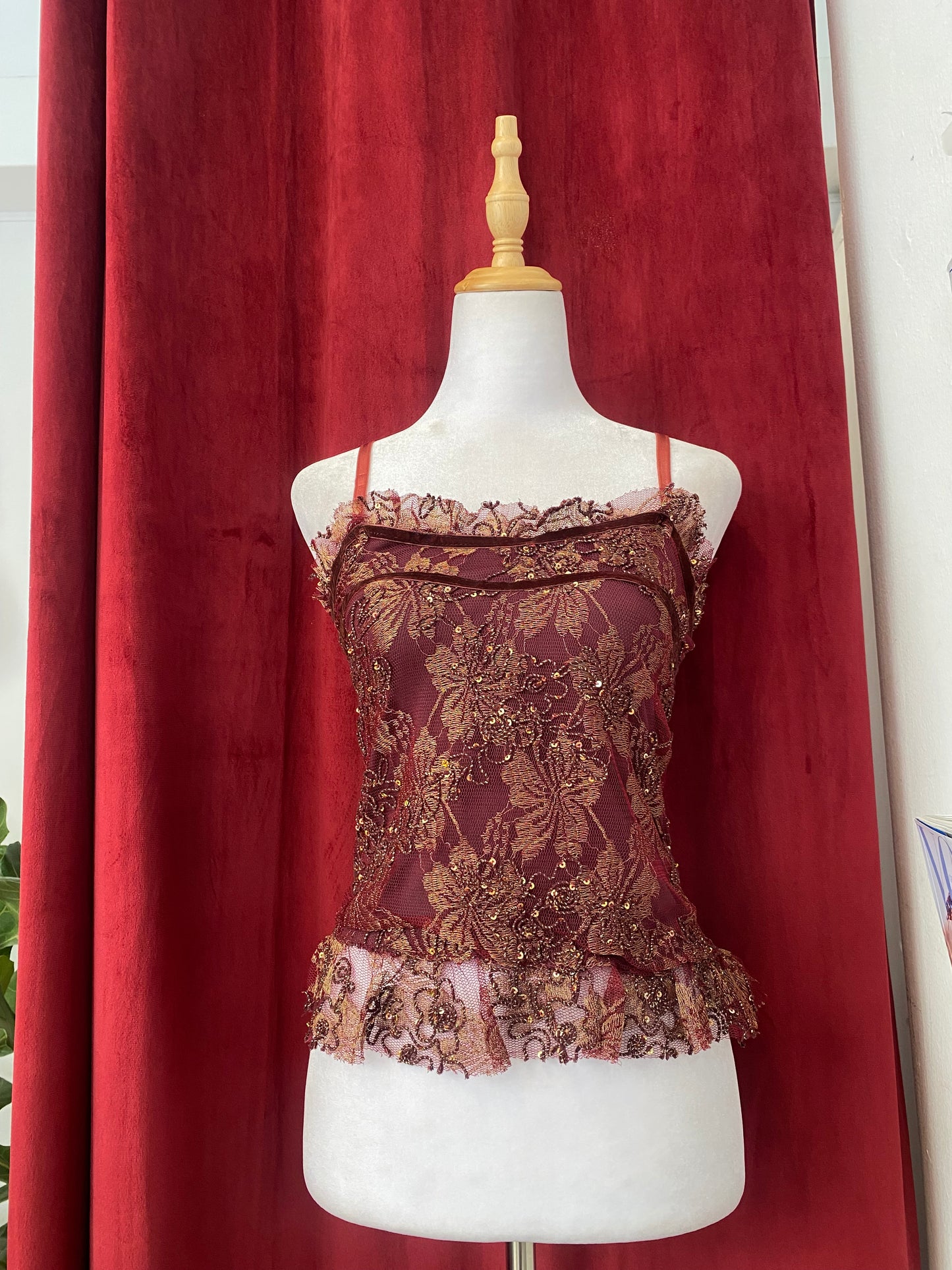 Burgundy top with gold lace ✨