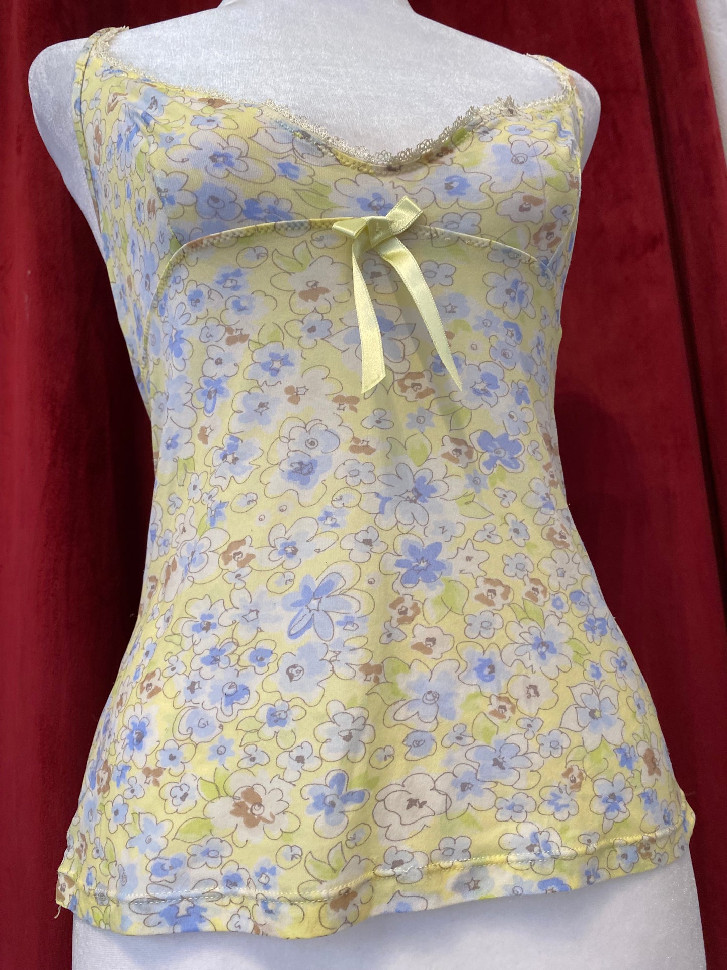 Yellow see through cami top with blue flower details