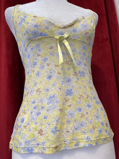 Yellow see through cami top with blue flower details