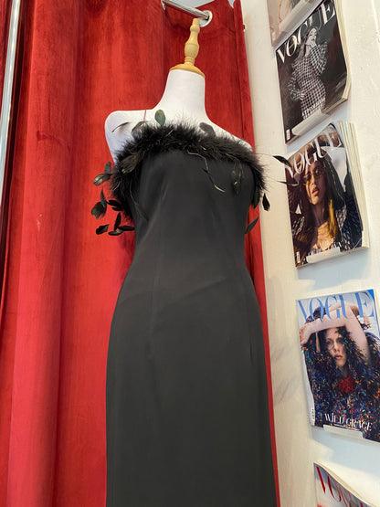 Brand new black gown with feather details