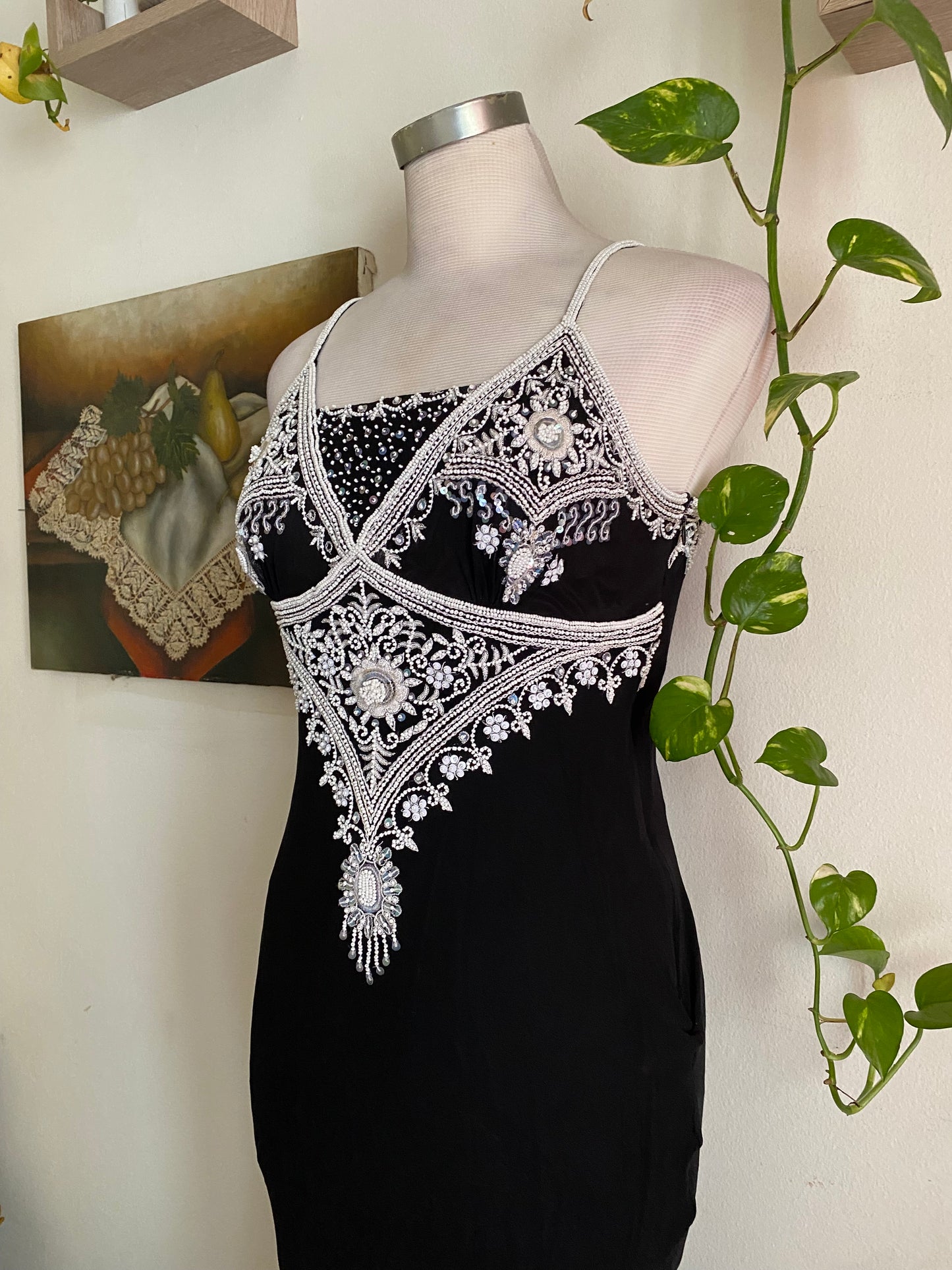 100% silk black maxi gown with  handbeaded details