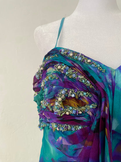 100% silk brand new maxi multicoloured gown with handbeaded details