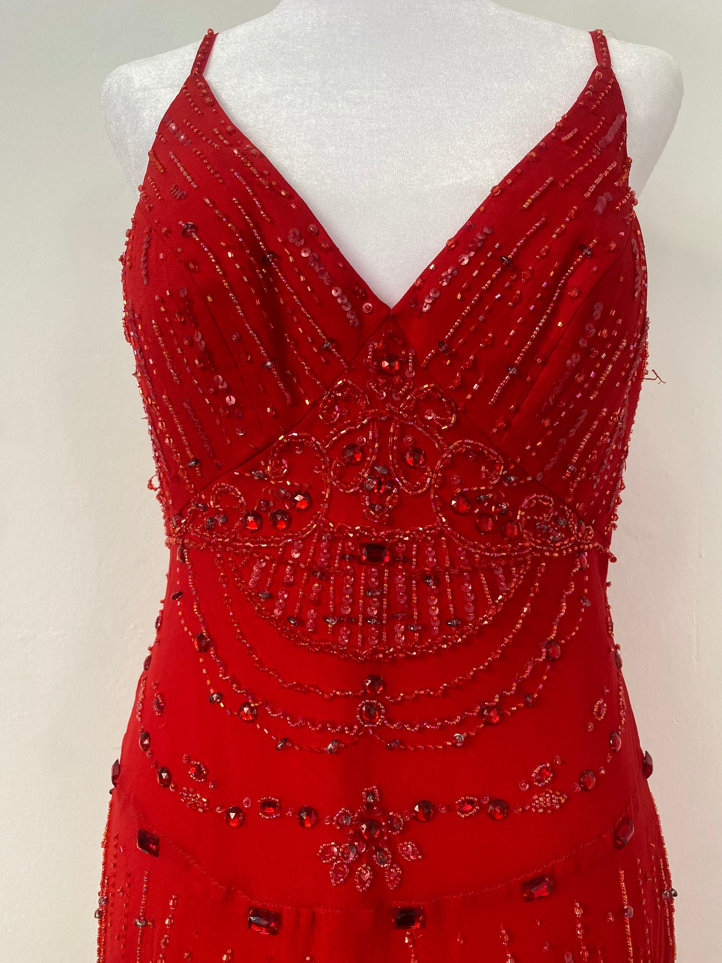 100% silk brand new red gown with all over handbeaded details