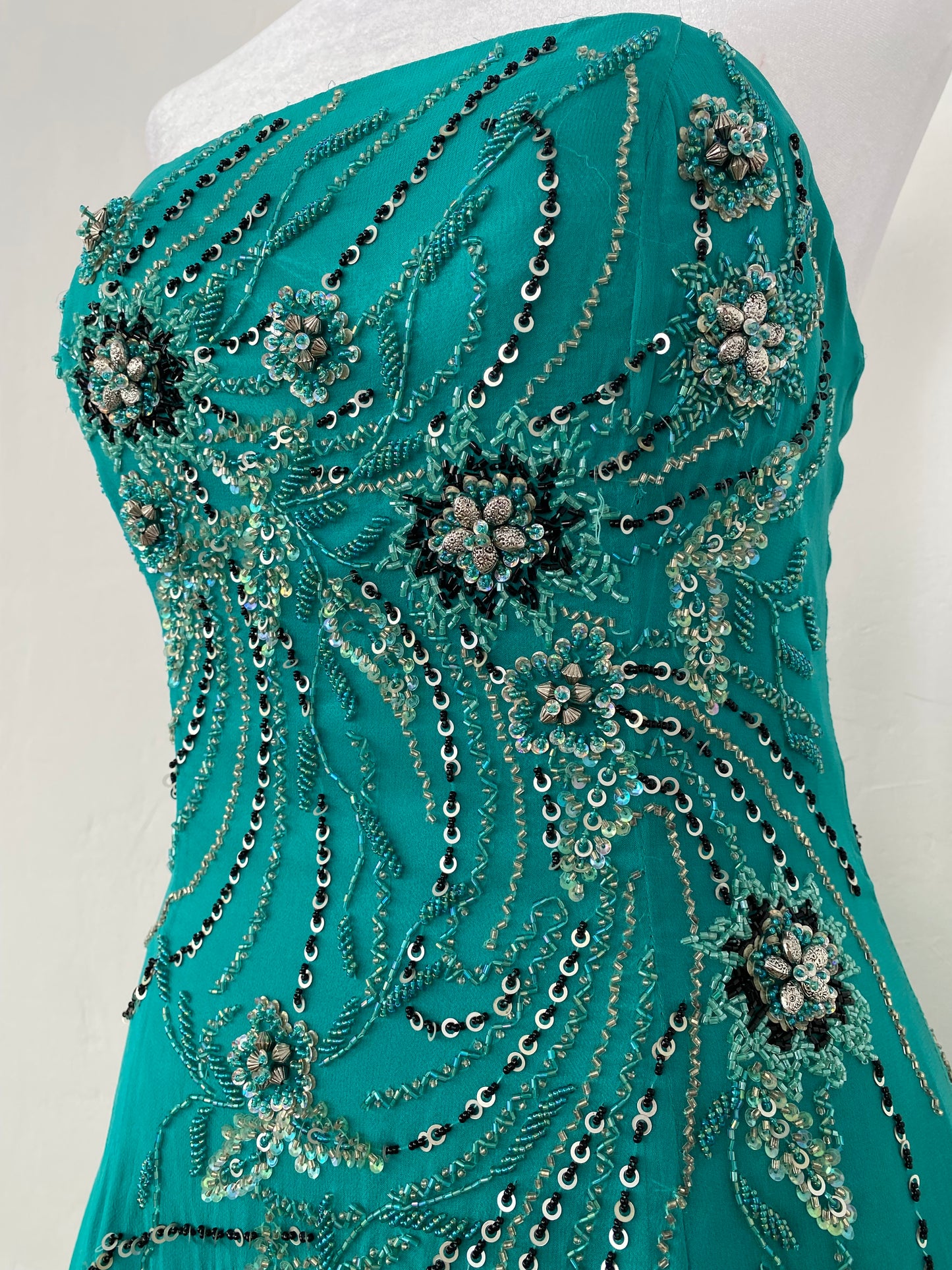 100% silk brand new maxi strapless gown with all over handbeaded details