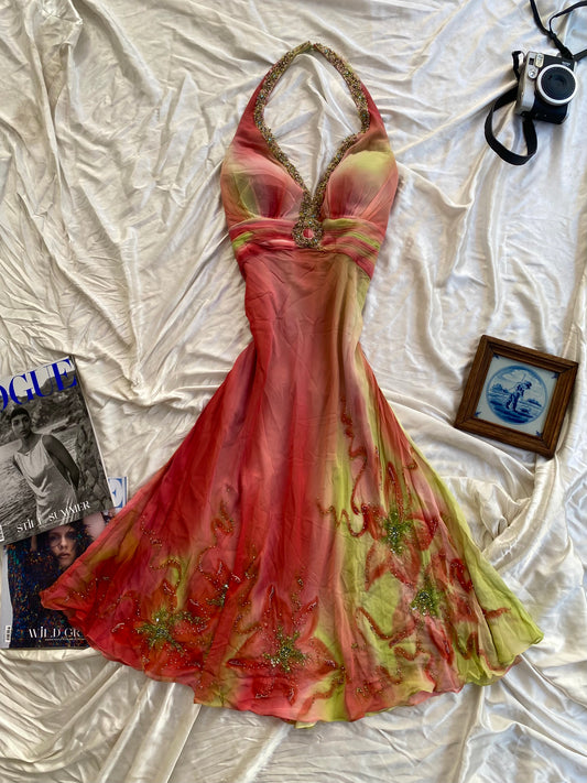 100% silk brand new fairy one of a kind gown with handbeaded details