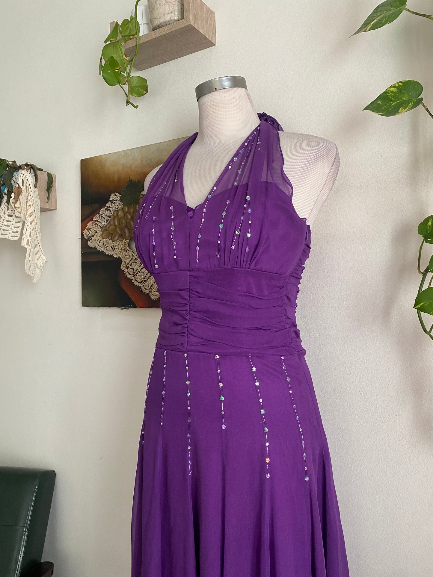 100% silk brand new handbeaded purple gown