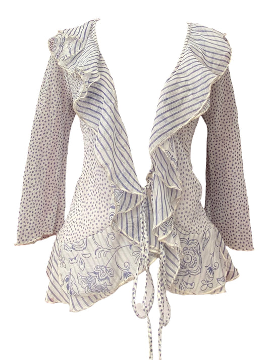 Mesh ruffled white and blue top