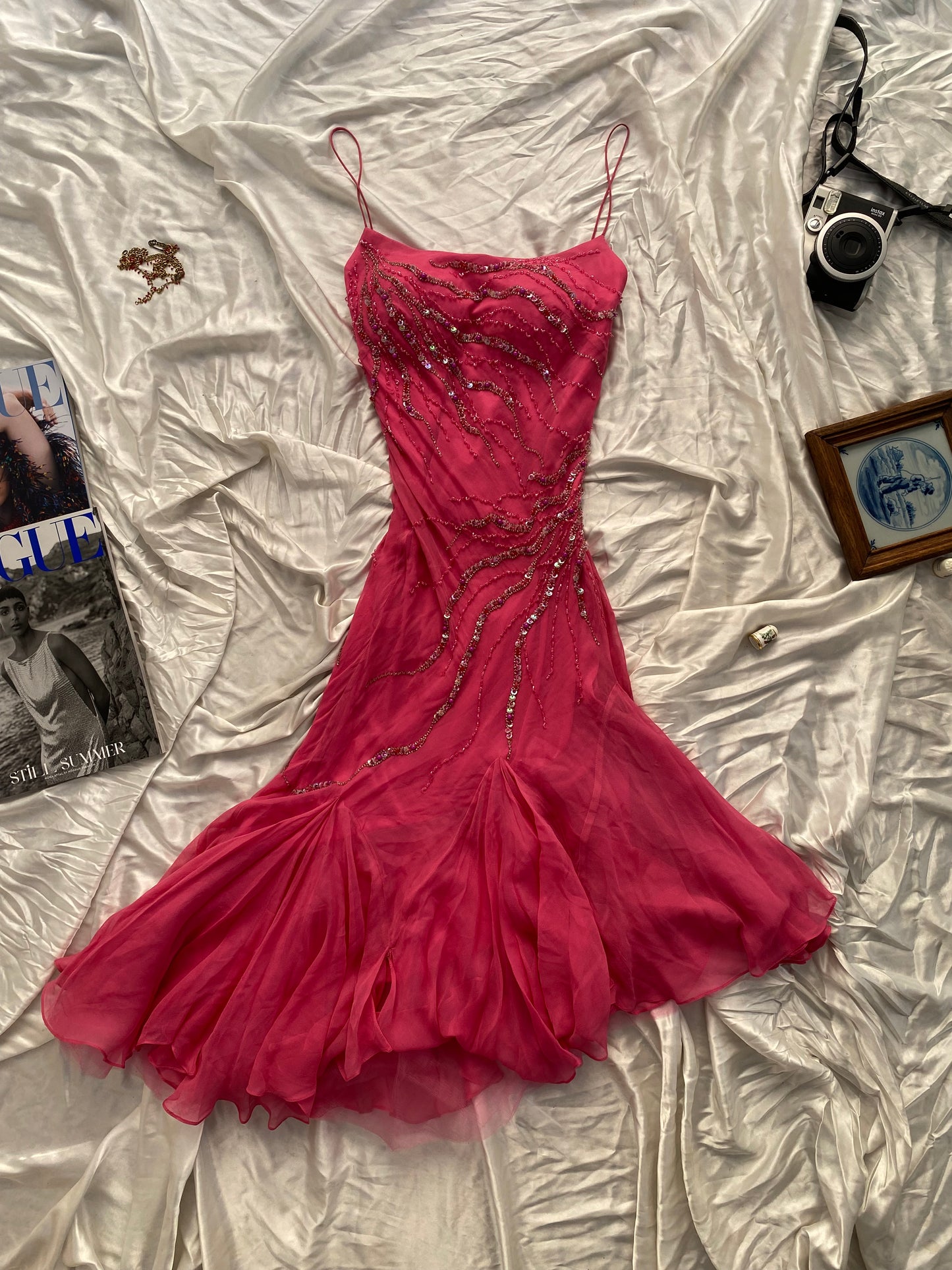 100% silk brand new pink handbeaded ruffled gown