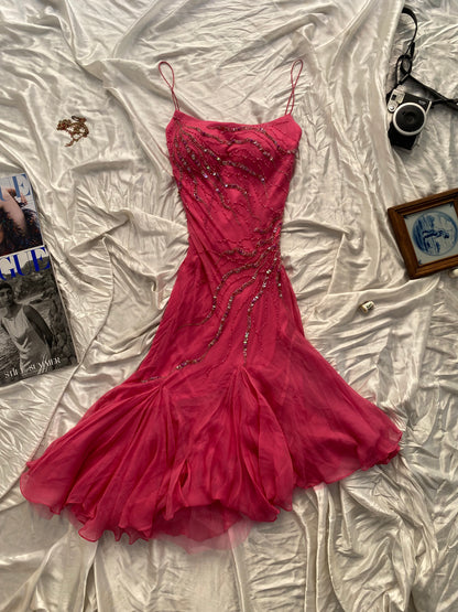 100% silk brand new pink handbeaded ruffled gown