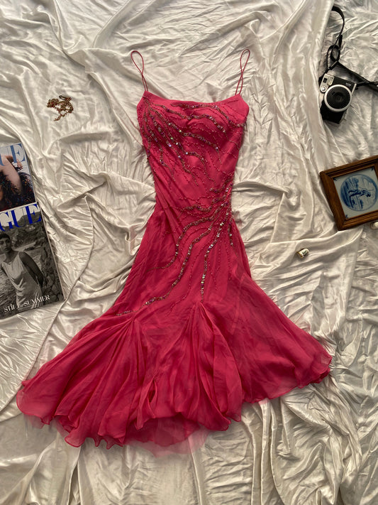 100% silk brand new pink handbeaded ruffled gown