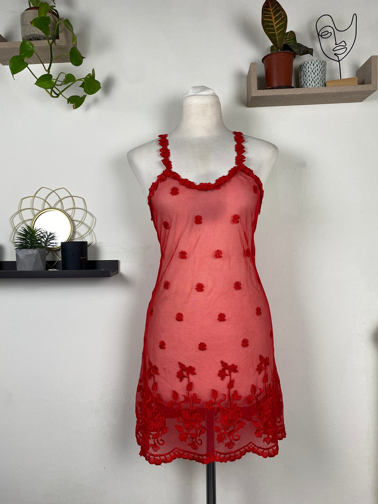 Red embroidered see through baby doll