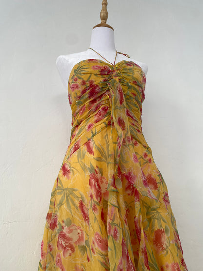100% silk brand new yellow fairy ruffled dress with handbeaded details