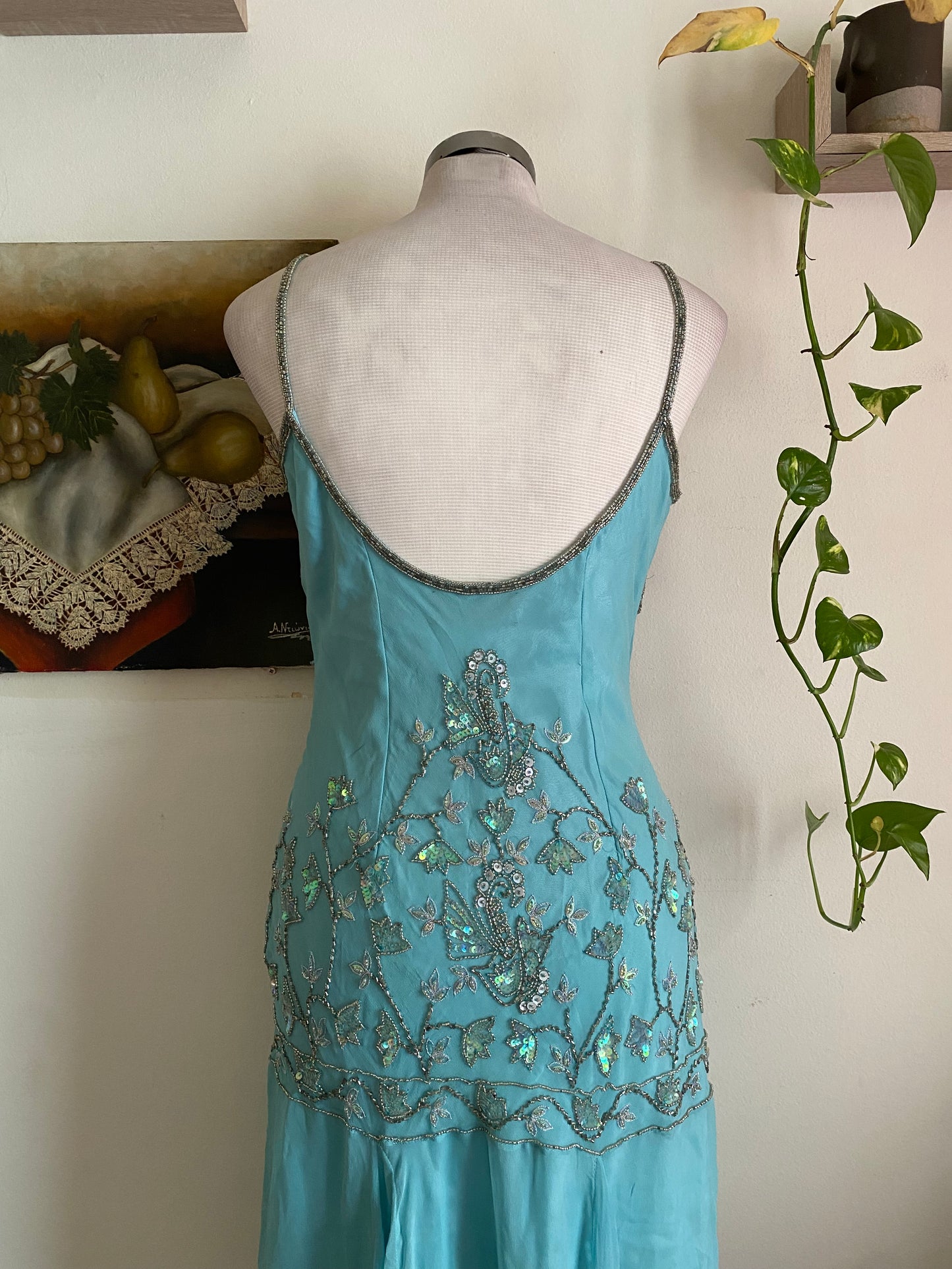 100% silk fairy baby blue gown with handbeaded details all over