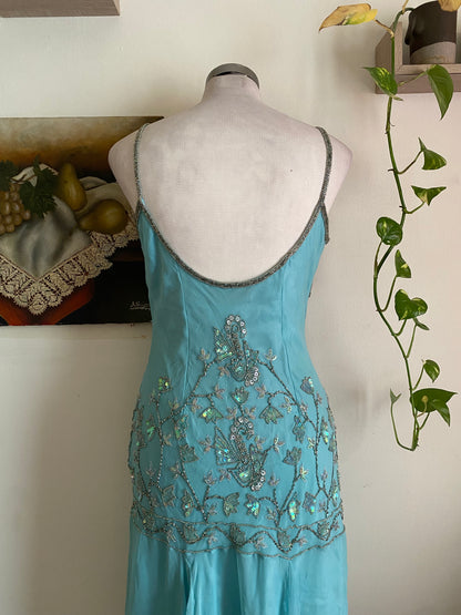 100% silk fairy baby blue gown with handbeaded details all over