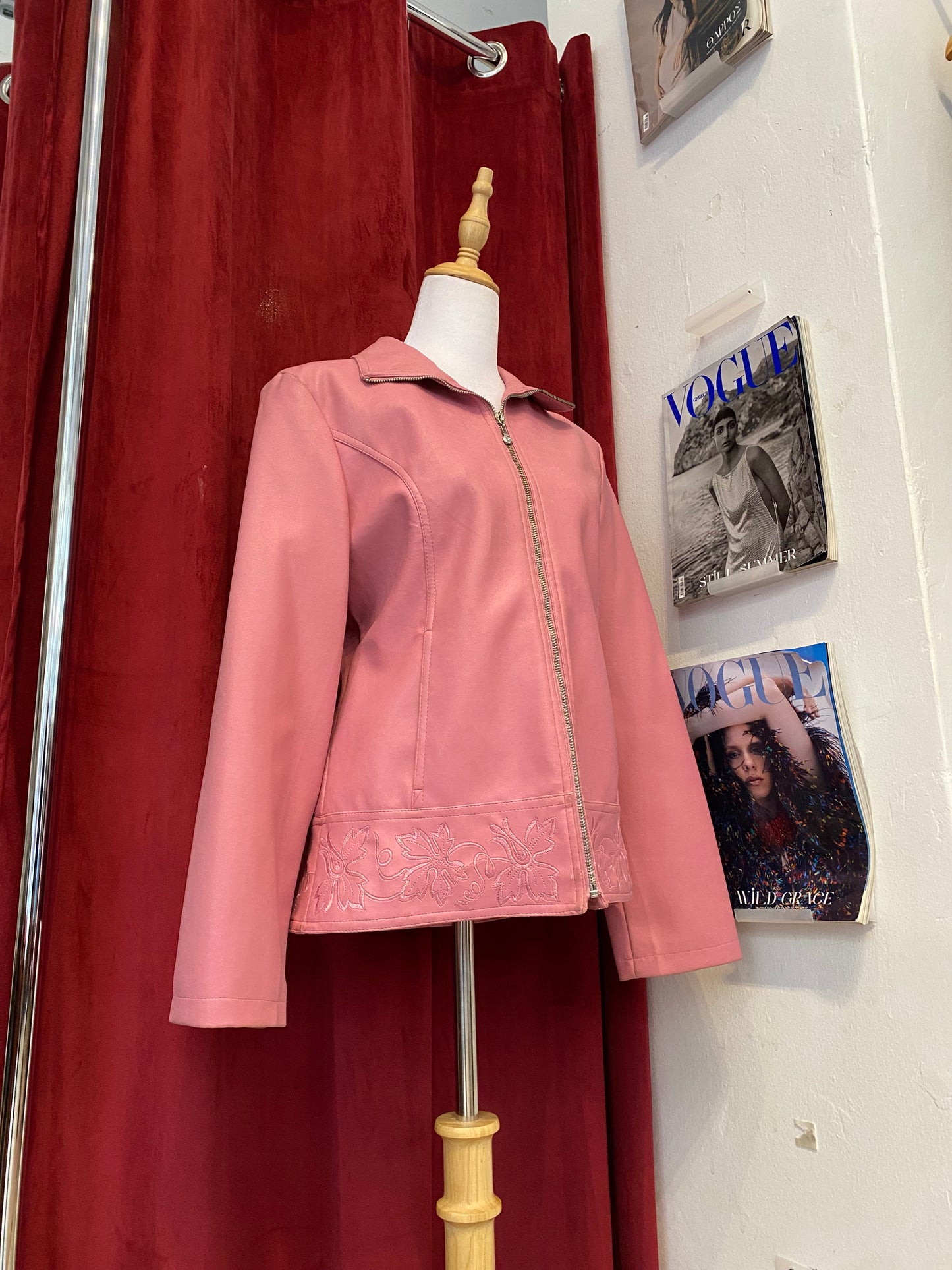 Real leather pink embroidered jacket
