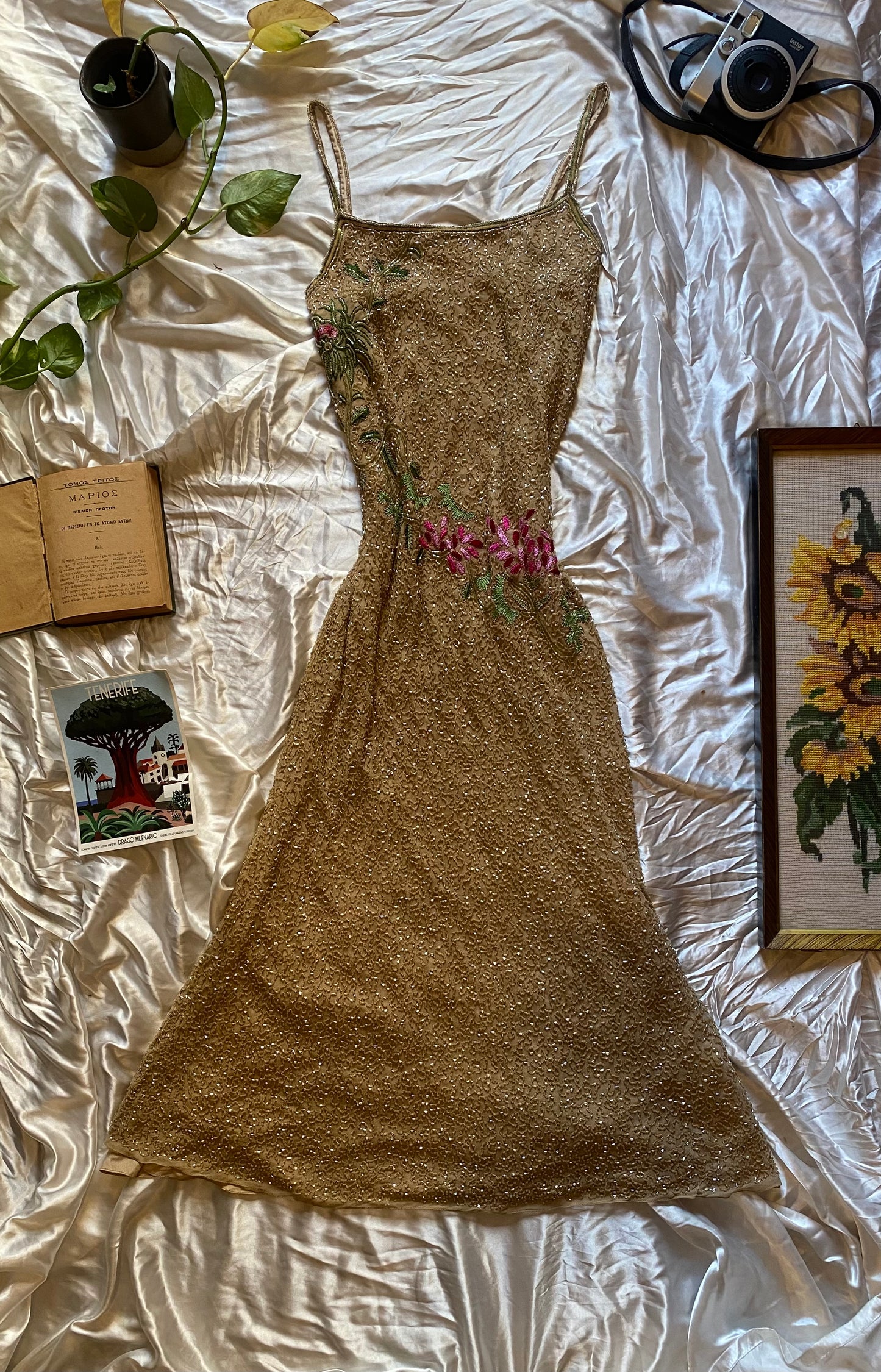 100% silk all over handbeaded gown with flower details