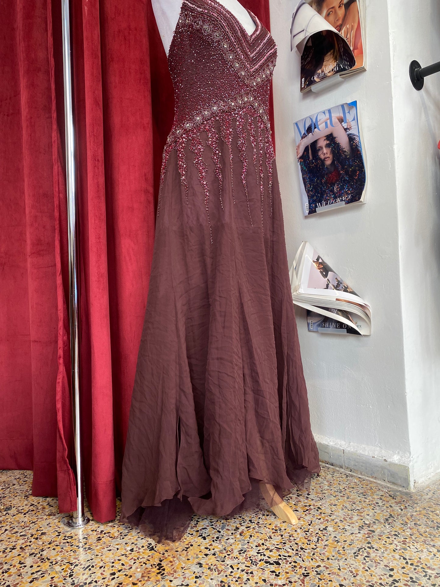 100% silk deep purple gown with sequin details all over