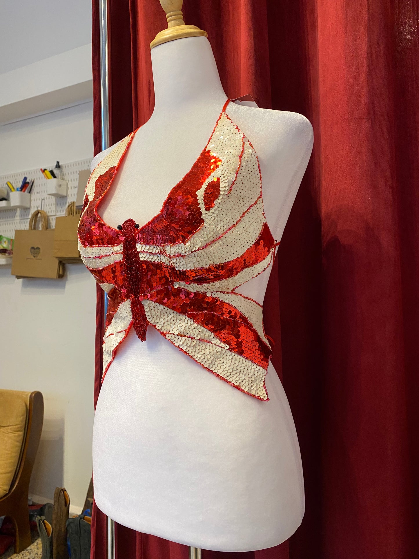 Butterfly y2k top with sequin details and open back