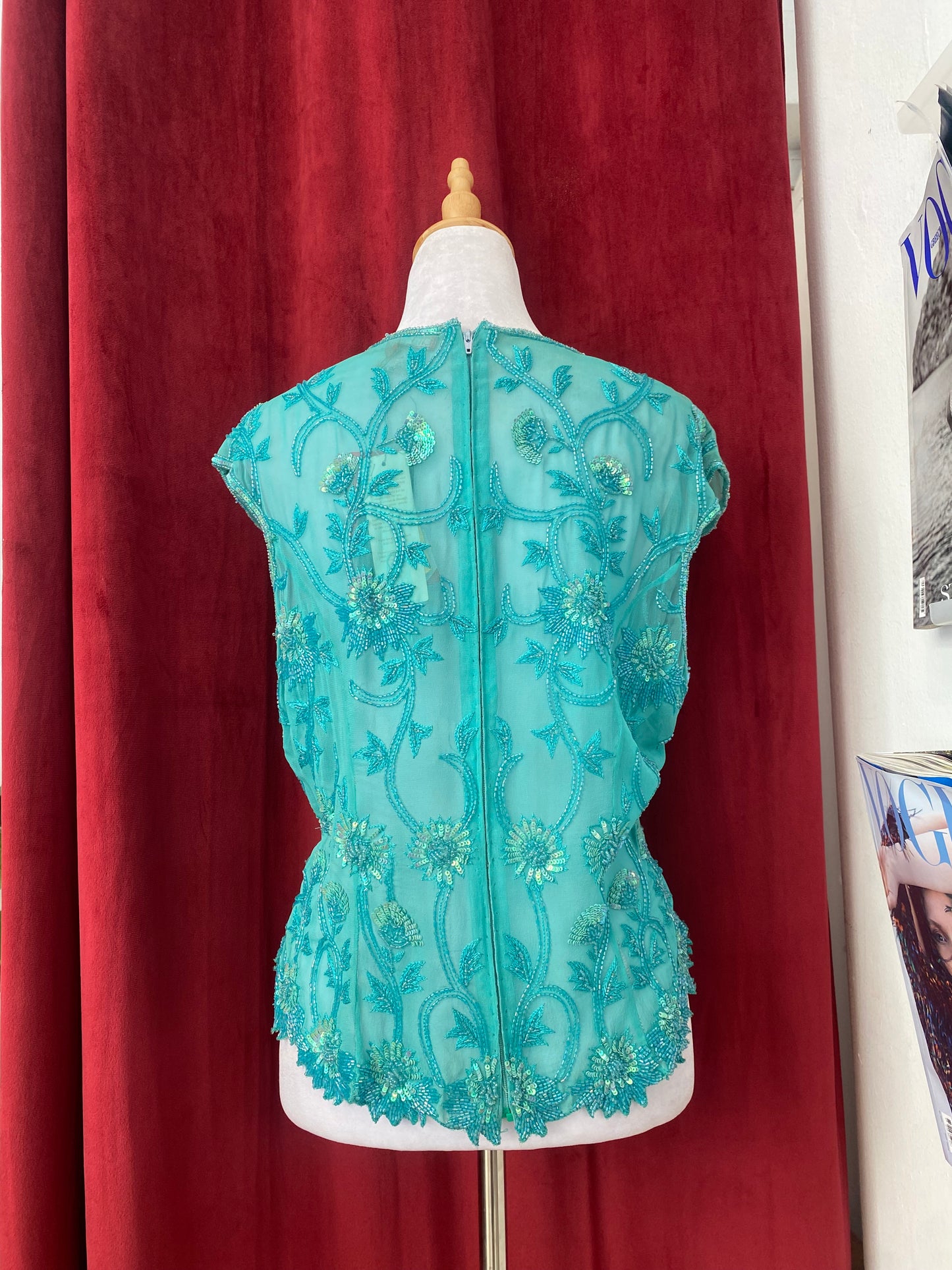 100% silk teal handbeaded top 🩵