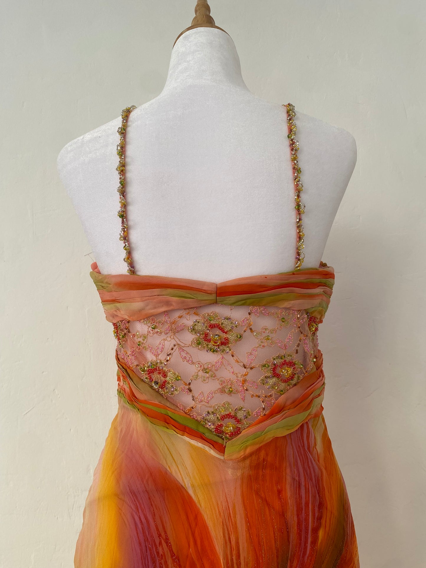 100% silk brand new sunset gown with handbeaded details