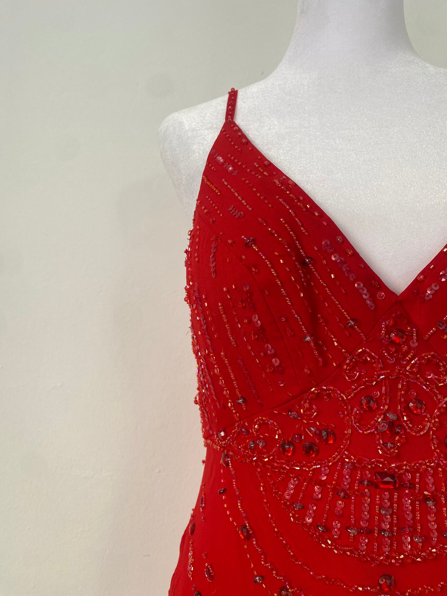 100% silk brand new red gown with all over handbeaded details