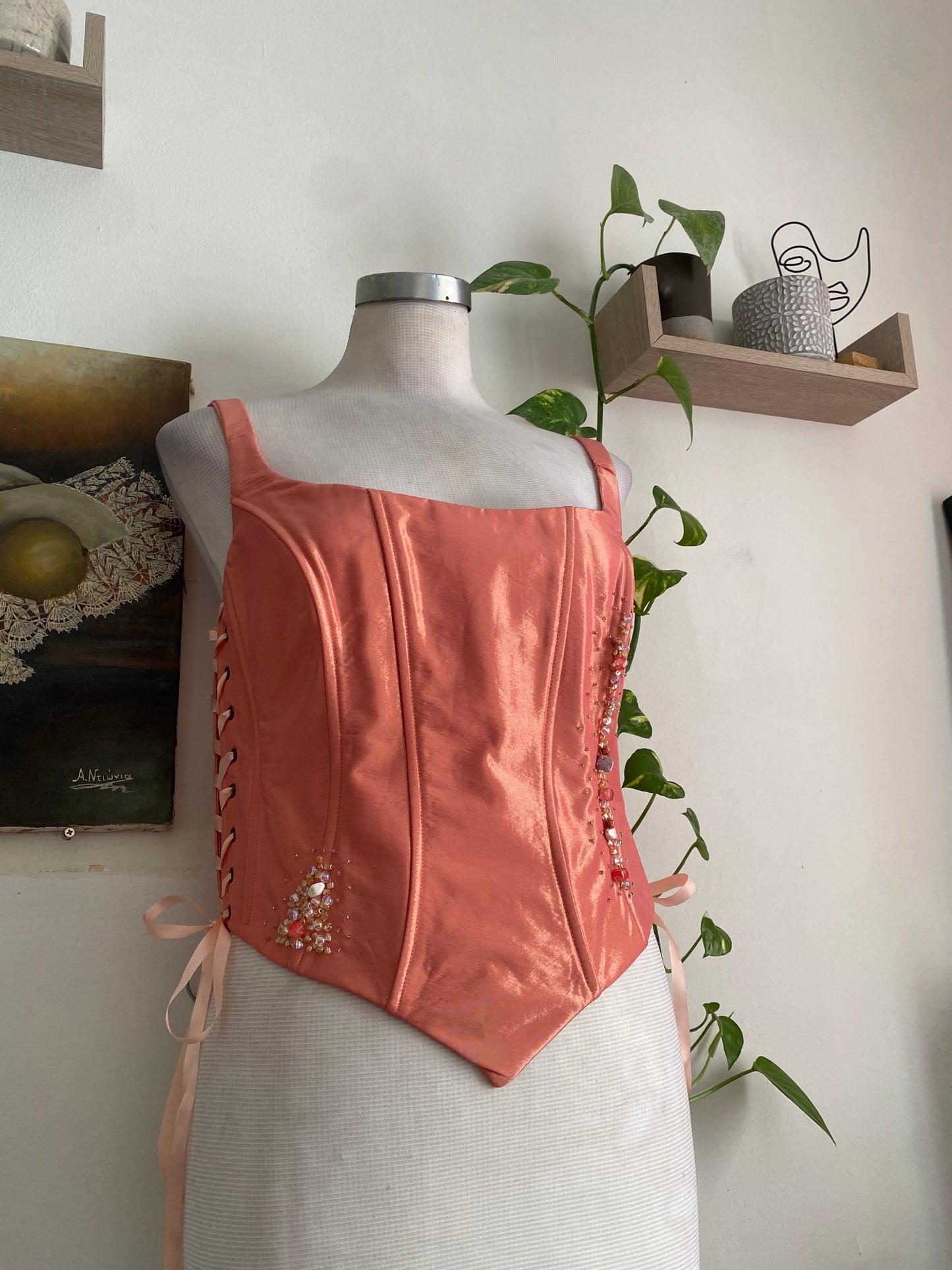 Brand new liquid organza orange lace up beaded corset